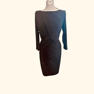 Adrianna Papell Black Sheath Dress Front Twist Ruching Long Sleeve 12 cocktail